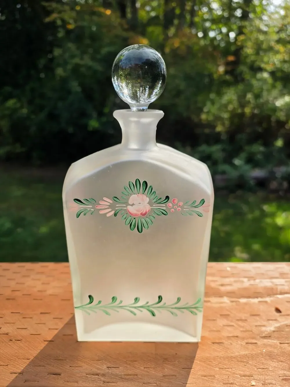 Vintage 90s Crabtree & Evelyn Frosted Glass Decanter Hand Painted Floral